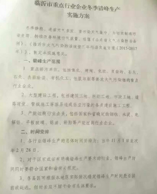 關(guān)于印發(fā)臨沂市重點(diǎn)行業(yè)企業(yè)冬季錯峰生產(chǎn)實(shí)施方案的通知
