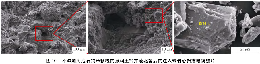 不添加海泡石納米顆粒的膨潤土鉆井液驅替后的注入端巖心掃描電鏡照片
