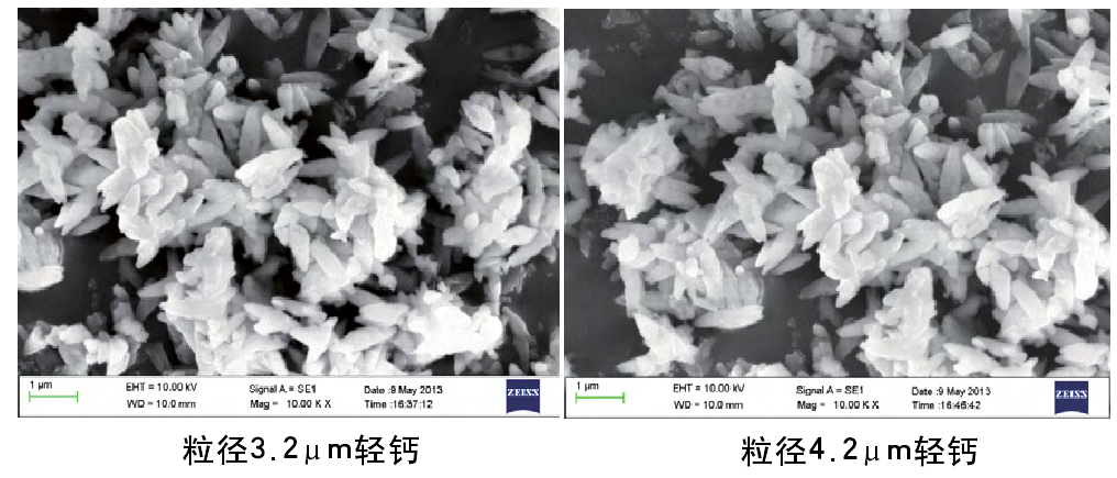 圖4 不同粒徑輕質(zhì)碳酸鈣掃描電鏡照片(10000倍)