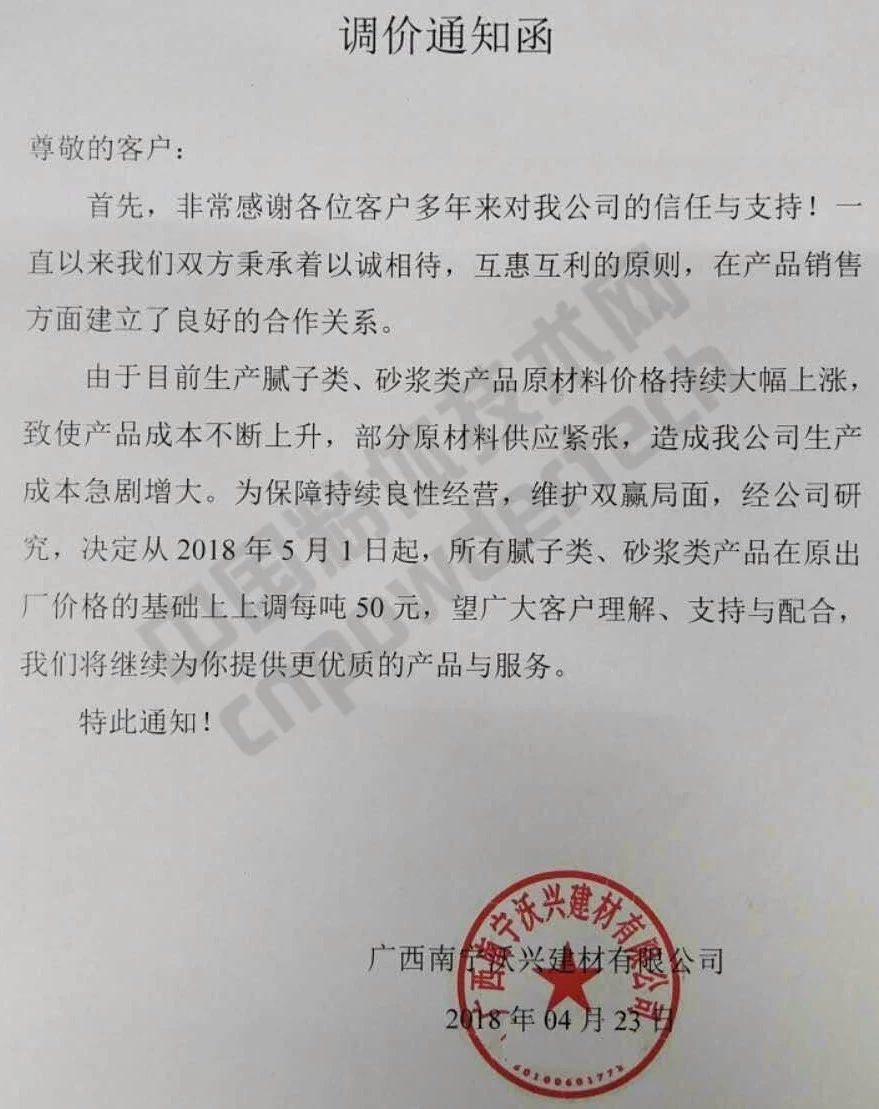 漲漲漲!廣西100多家涂料企業(yè)集體上調膩子、砂漿類(lèi)價(jià)格!