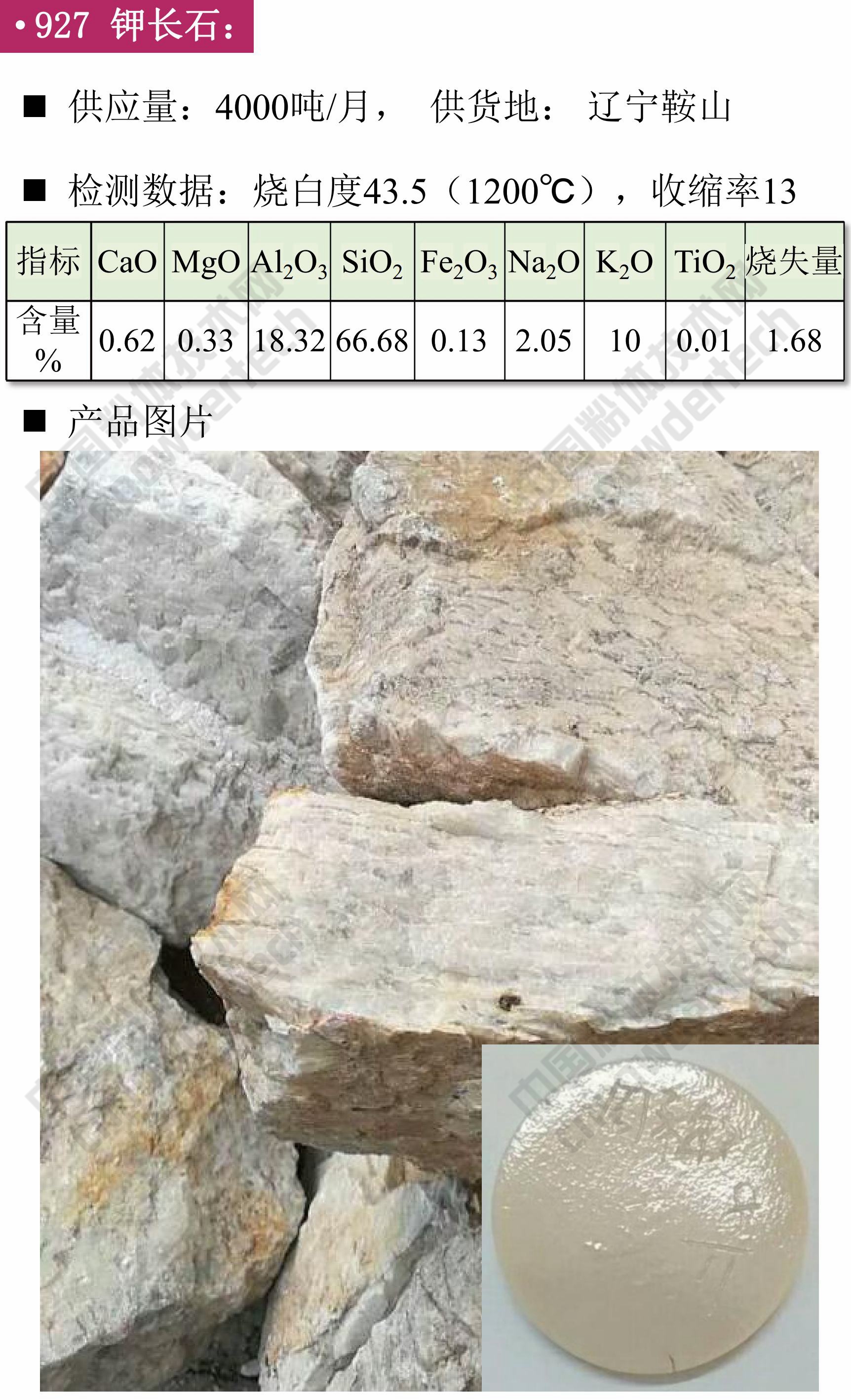 鉀長(cháng)石 膨潤土 碳酸鈣 方石英 現貨