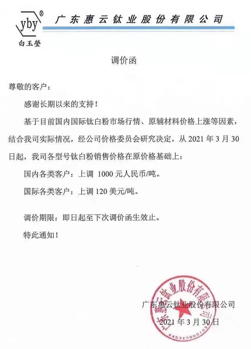 原輔料價(jià)格上漲，多家鈦白粉企業(yè)集體漲價(jià)！