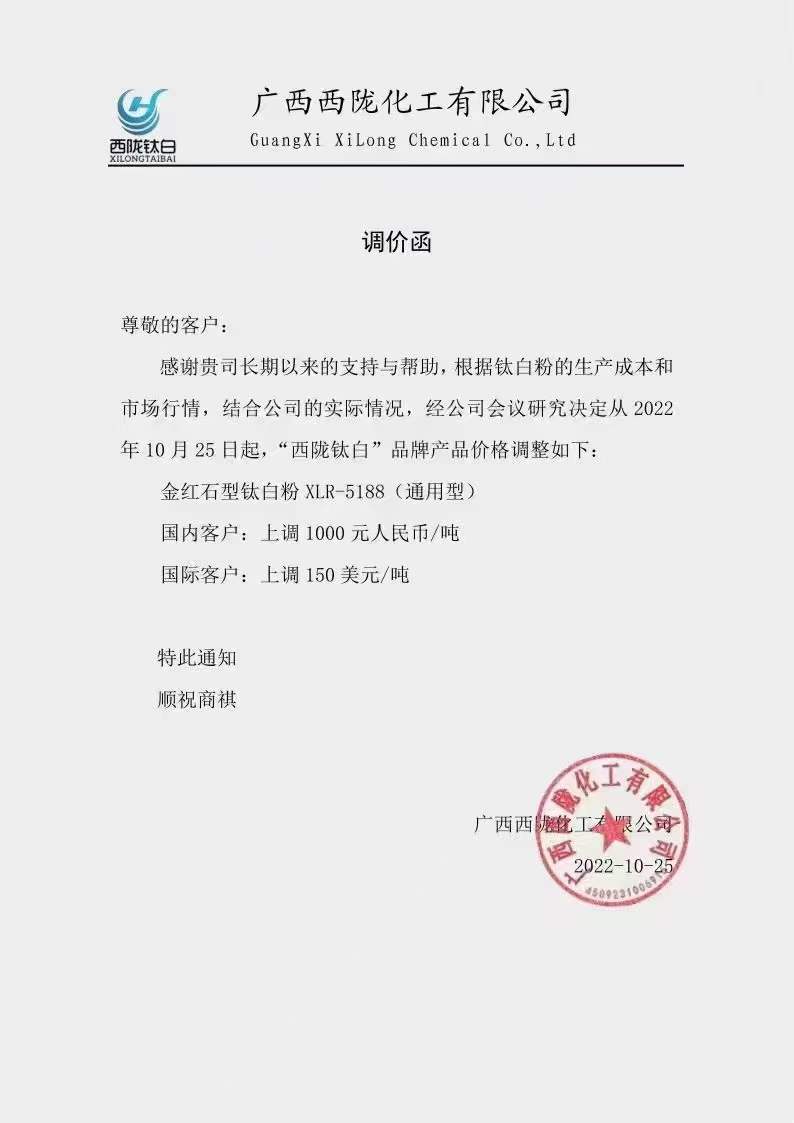 西隴鈦白、海峰鑫鈦白粉價(jià)格上調1000元/噸