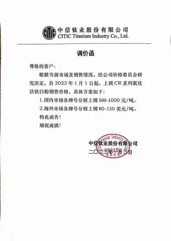 中信鈦業(yè)鈦白粉銷(xiāo)售價(jià)格上調500-1000元/噸 　　 　　