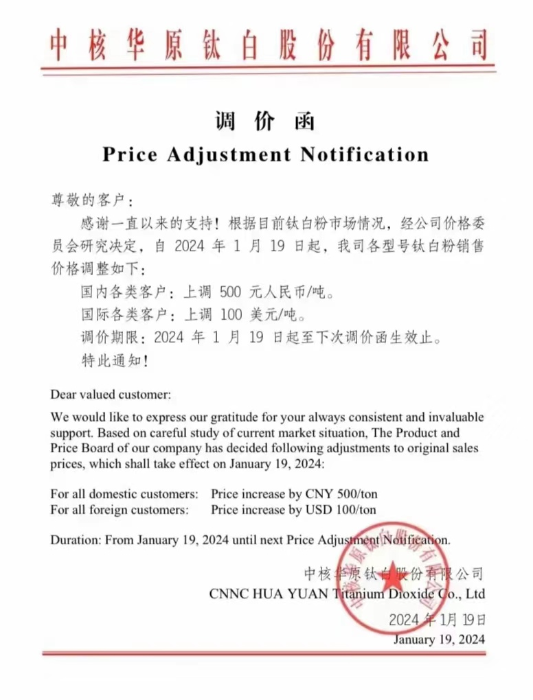 新年首漲！8家廠(chǎng)商上調鈦白粉價(jià)格！ 　　