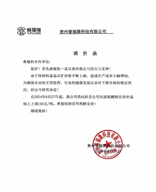 沉淀硫酸鋇，價(jià)格再漲100元 　　